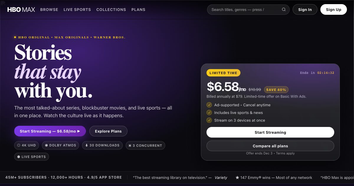 Screenshot of the Hbo Max Landing Page demo